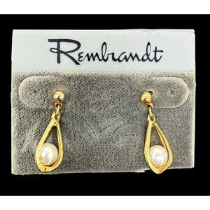 Vintage Rembrandt Gold Tone Faux Pearl Drop Earrings Dainty Classic Hanging